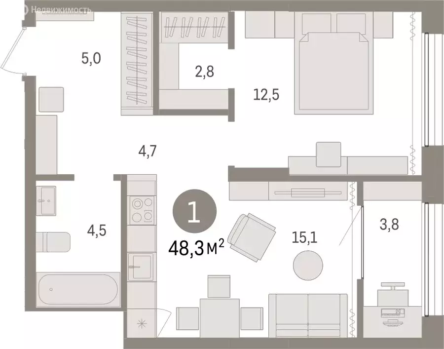 1-комнатная квартира: Тюмень, Краснооктябрьская улица, 4к3 (48.3 м) - Фото 1