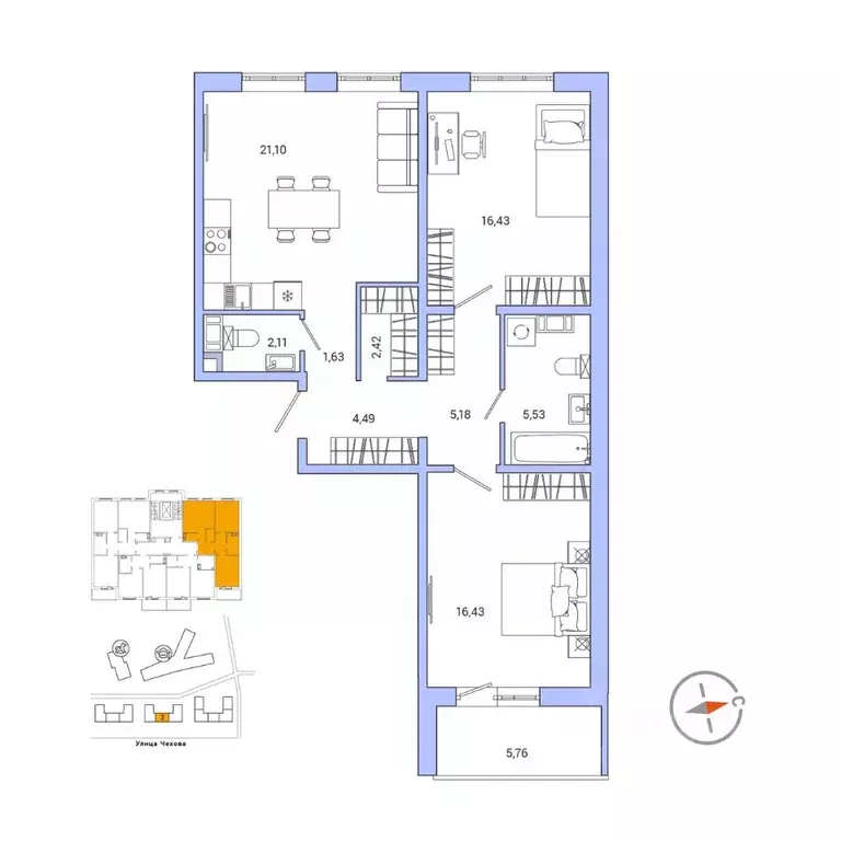 2-к кв. Ленинградская область, Гатчина ул. Чехова, 39к1 (78.4 м) - Фото 1