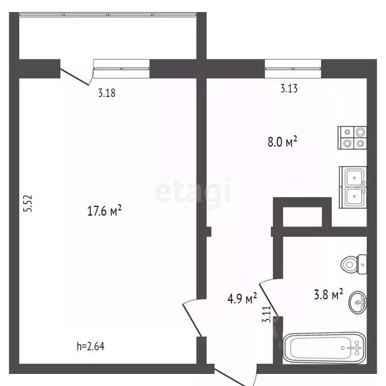 1-к кв. Ямало-Ненецкий АО, Ноябрьск Сибирская ул., 191 (34.9 м) - Фото 2