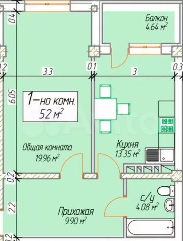 1-к. квартира, 52 м, 11/14 эт. - Фото 0