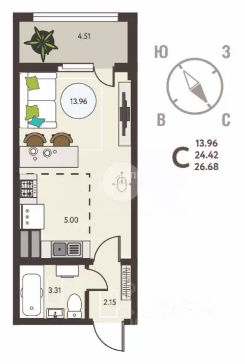 Студия Липецкая область, Липецк ул. Механизаторов, 15А (26.68 м) - Фото 2