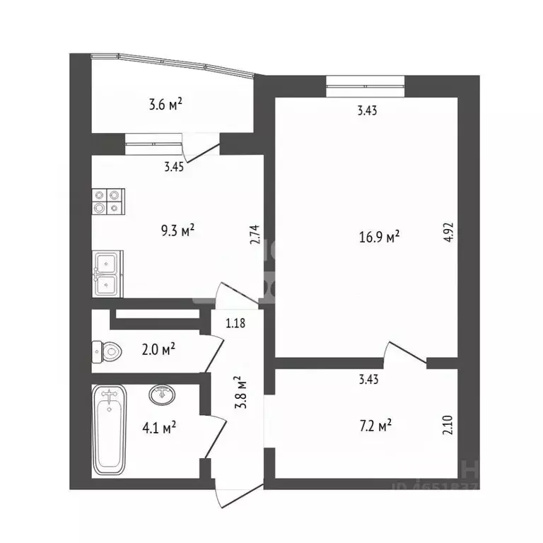 1-к кв. Тюменская область, Тюмень ул. Николая Семенова, 27к2 (43.5 м) - Фото 1