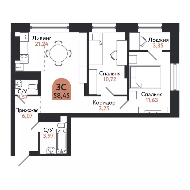 3-к квартира, 58.45 м - Фото 0