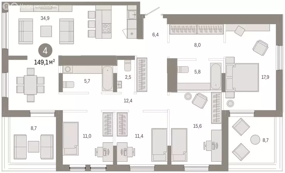4-комнатная квартира: Тюмень, улица Республики, 205к1 (151 м) - Фото 1
