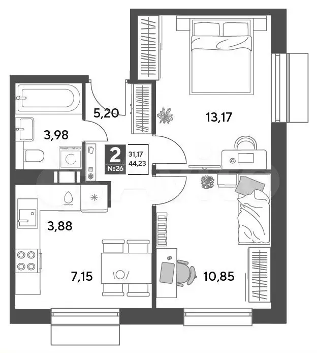 2-к. квартира, 44,2 м, 5/9 эт. - Фото 0