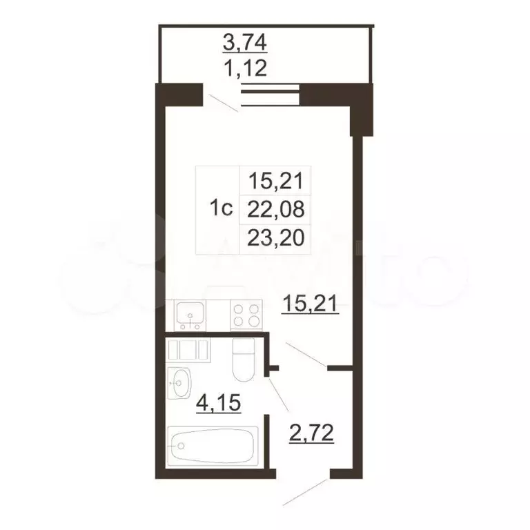 Квартира-студия, 23,2м, 2/6эт. - Фото 0