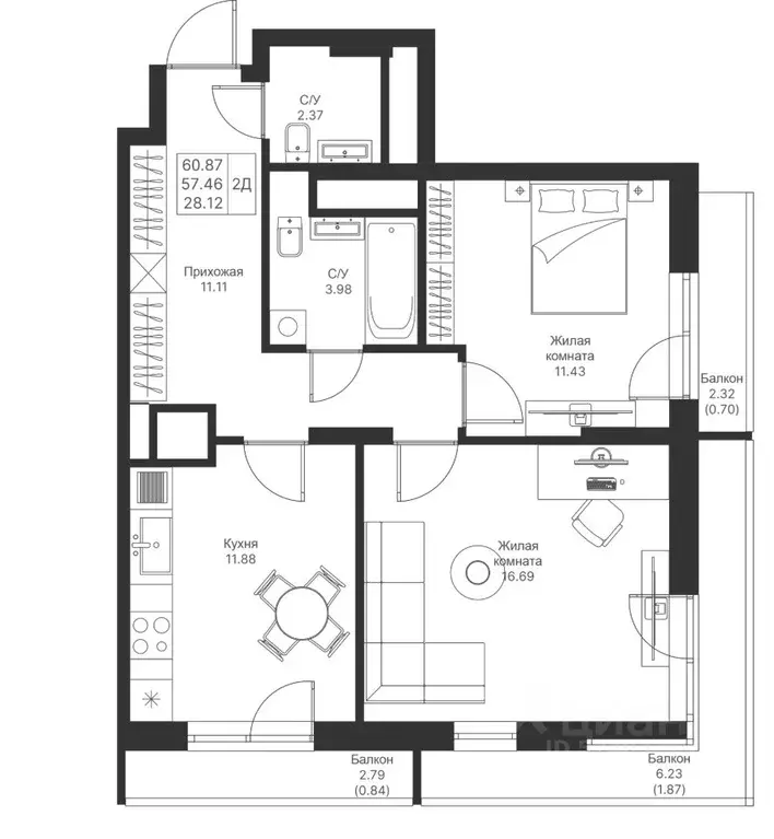 2-к кв. Татарстан, Казань Мой Ритм жилой комплекс, ПК14 (60.87 м) - Фото 1
