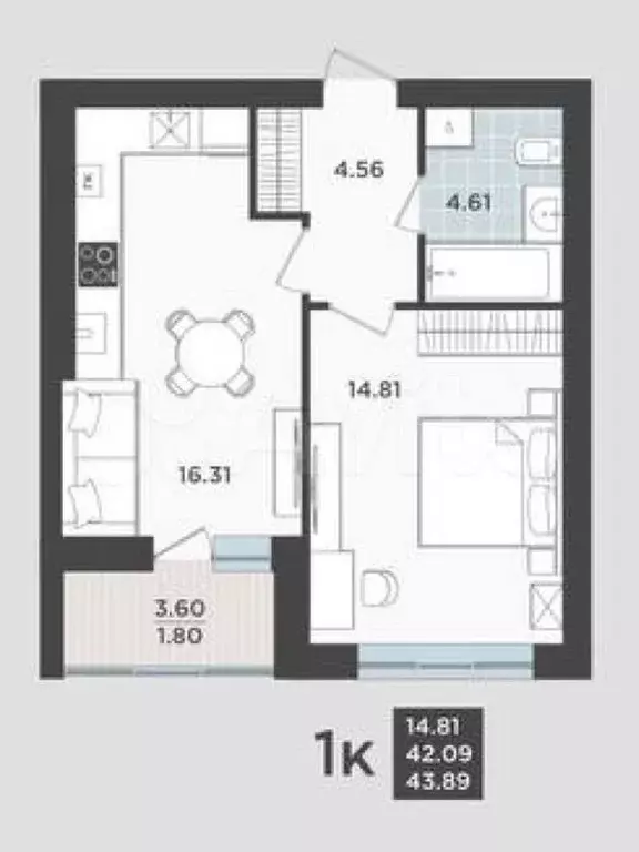 1-к. квартира, 42,1 м, 7/9 эт. - Фото 1