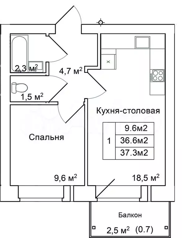 1-к. квартира, 37,3м, 3/9эт. - Фото 0