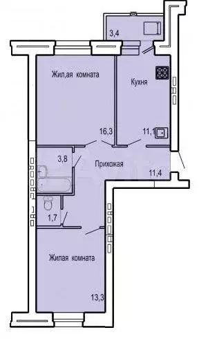 2-к. квартира, 59,4 м, 9/9 эт. - Фото 0