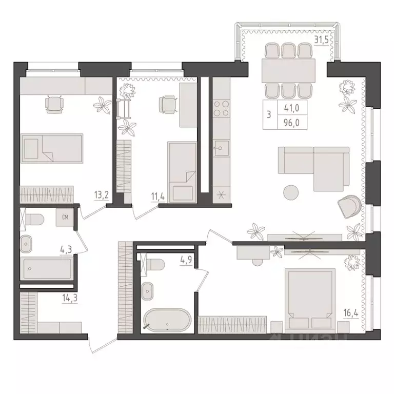 3-к кв. Башкортостан, Уфа 563-й кв-л,  (96.0 м) - Фото 1