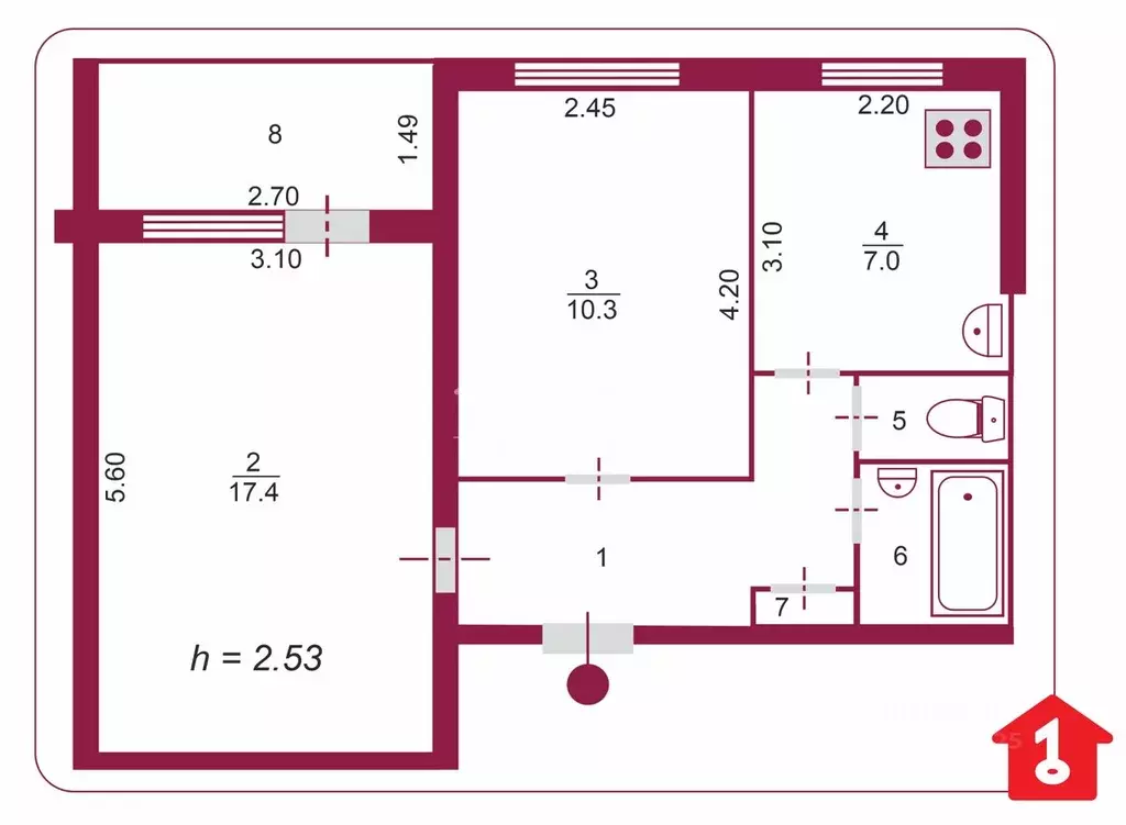 2-к кв. Омская область, Омск ул. Лермонтова, 138 (45.5 м) - Фото 2