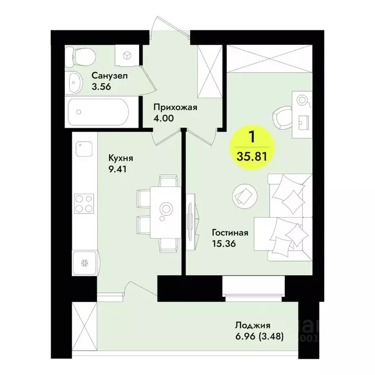 1-к кв. Марий Эл, Йошкар-Ола  (35.81 м) - Фото 1