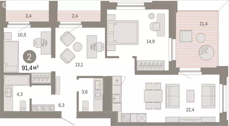 2-комнатная квартира: Тюмень, Мысовская улица, 26к2 (91.4 м) - Фото 1