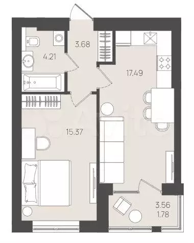 1-к. квартира, 42,5 м, 5/5 эт. - Фото 1