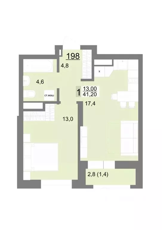 1-к кв. Свердловская область, Екатеринбург ул. Металлургов, 63/1 (41.2 ... - Фото 1
