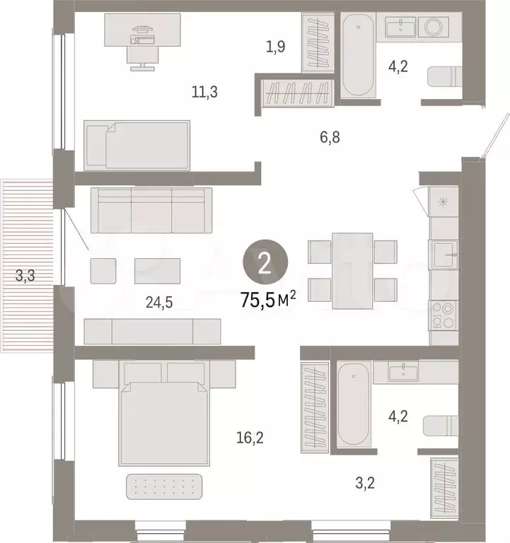 2-к. квартира, 75,5 м, 10/15 эт. - Фото 1
