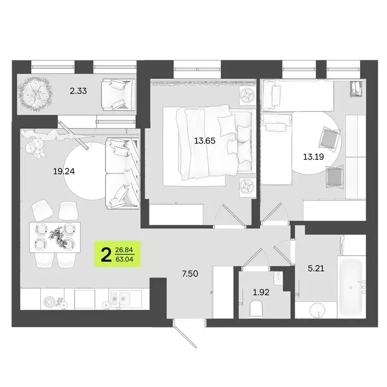 2-комнатная квартира: Уфа, улица Акназарова, 20 (57.64 м) - Фото 0