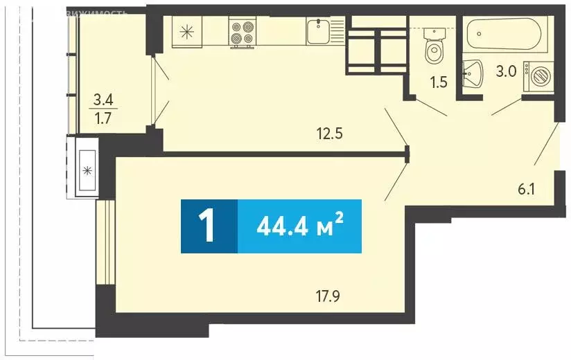 1-комнатная квартира: Засечное, Прибрежный бульвар, 5 (44.4 м) - Фото 0