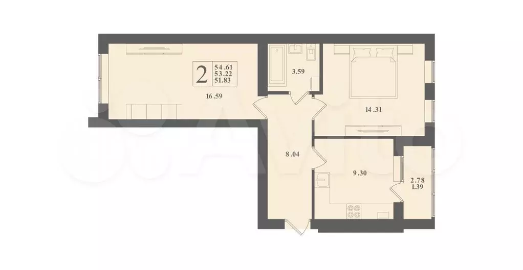 2-к. квартира, 54,6 м, 4/4 эт. - Фото 1