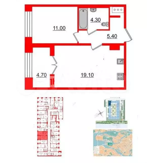 1-к. квартира, 42,1 м, 2/9 эт. - Фото 0