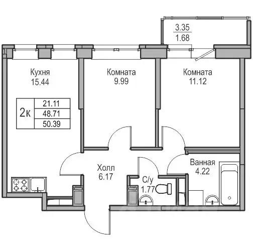 2-к кв. Санкт-Петербург ул. Ивинская, 1к3 (48.71 м) - Фото 1