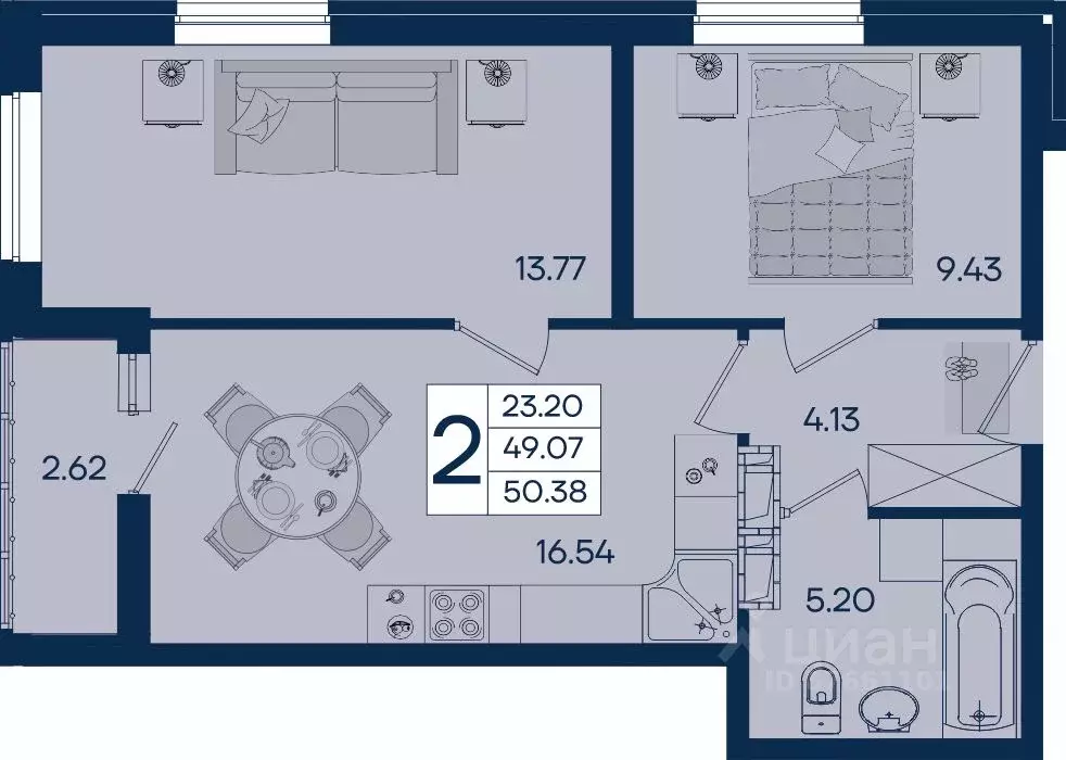 2-к кв. Краснодарский край, Краснодар  (50.38 м) - Фото 0
