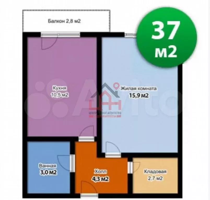 1-к. квартира, 36,9 м, 3/3 эт. - Фото 0