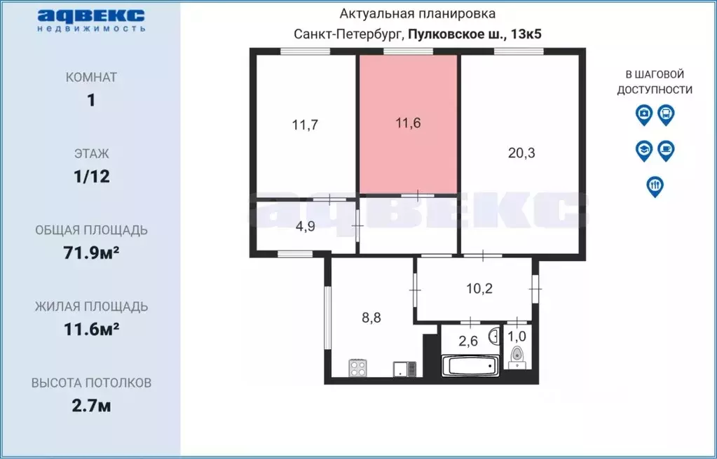 Комната Санкт-Петербург Пулковское ш., 13К5 (11.6 м) - Фото 1