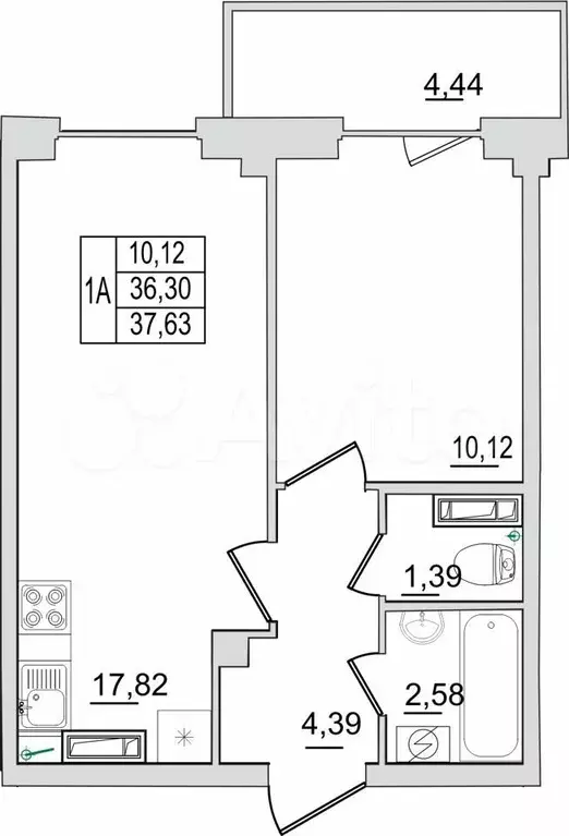 1-к. квартира, 37,6 м, 4/13 эт. - Фото 0