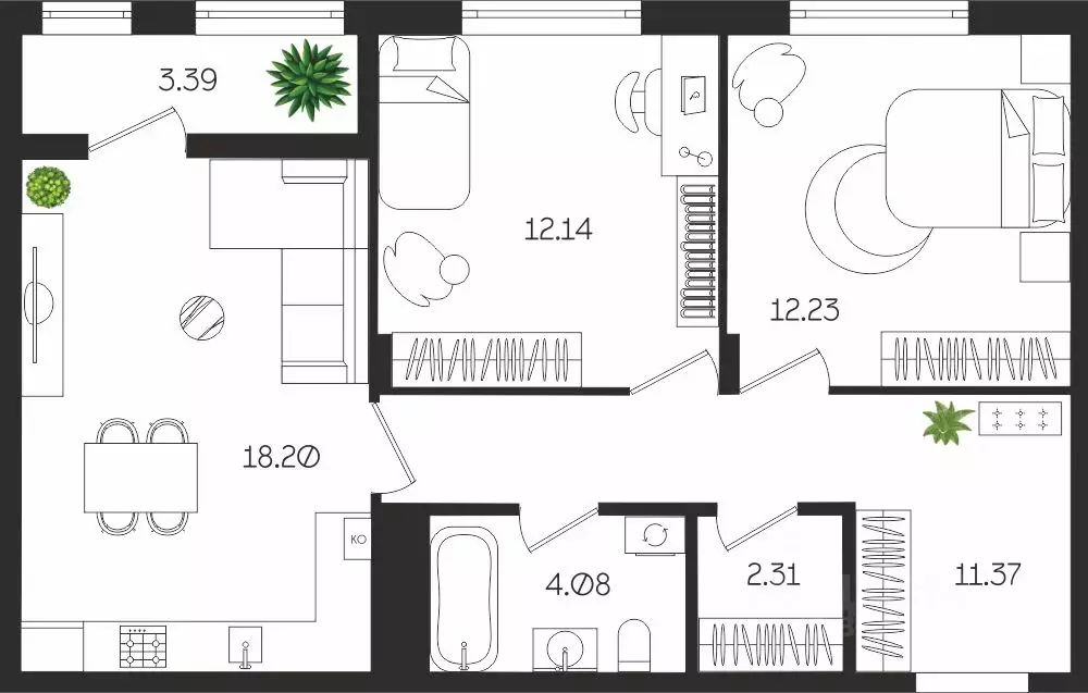 2-к кв. Тульская область, Тула ул. Богородицкая, 8В (63.72 м) - Фото 1