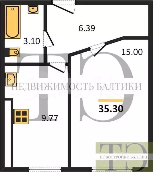 1-к. квартира, 35,3 м, 2/6 эт. - Фото 0