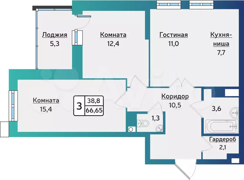 3-к. квартира, 66,7 м, 3/17 эт. - Фото 0