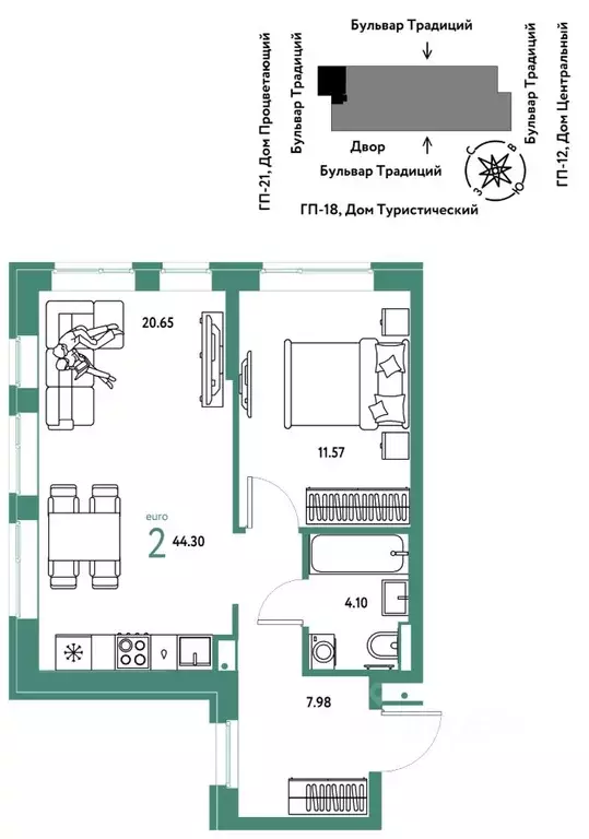 2-к кв. Тюменская область, Тюмень ул. Андрея Кореневского, 3к1 (44.3 ... - Фото 0