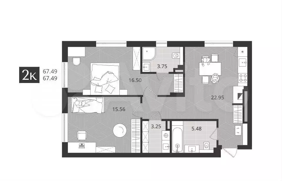 2-к. квартира, 67,5м, 2/4эт. - Фото 1