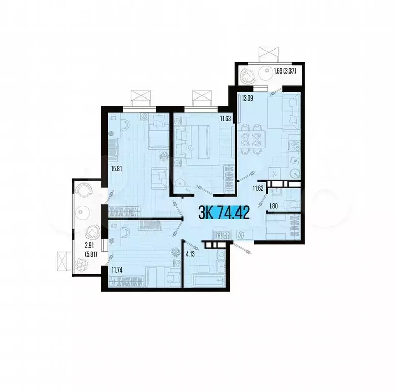 3-к. квартира, 74,4 м, 2/7 эт. - Фото 1