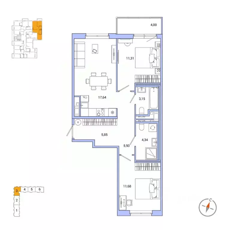 2-к кв. Санкт-Петербург Окла жилой комплекс (61.1 м) - Фото 0