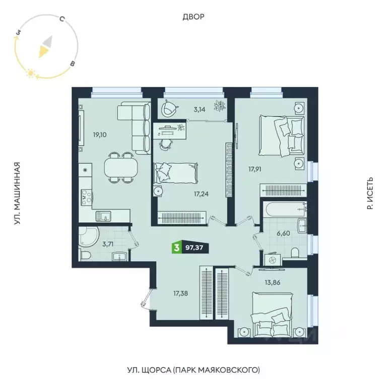 3-к кв. Свердловская область, Екатеринбург ул. Машинная, 1В/4 (97.37 ... - Фото 1