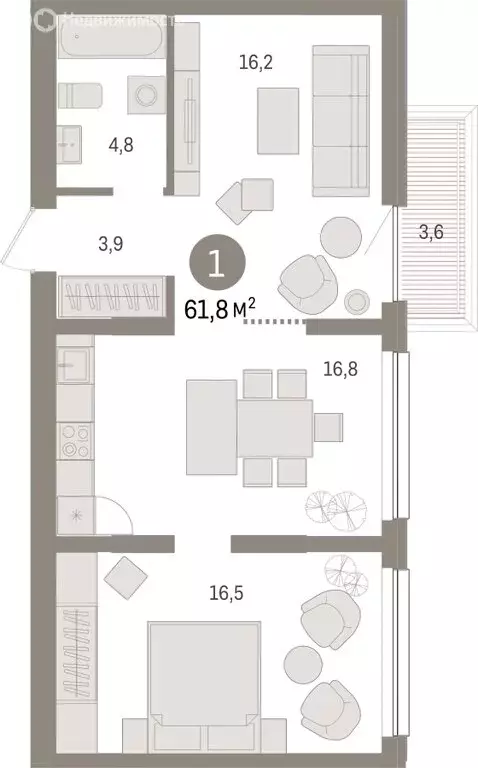 1-комнатная квартира: Тюмень, Мысовская улица, 26к1 (61.75 м) - Фото 1