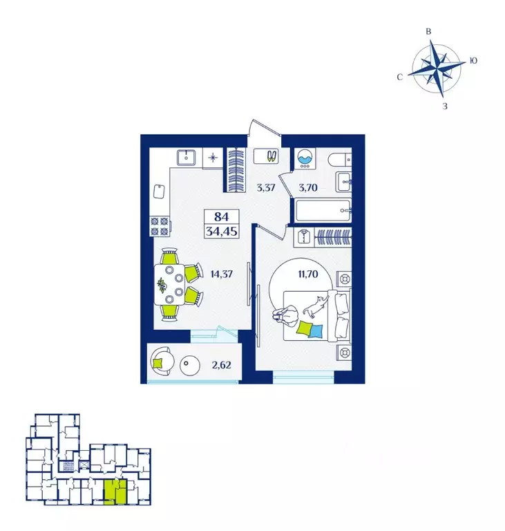 1-к кв. Калининградская область, Зеленоградск  (34.45 м) - Фото 1
