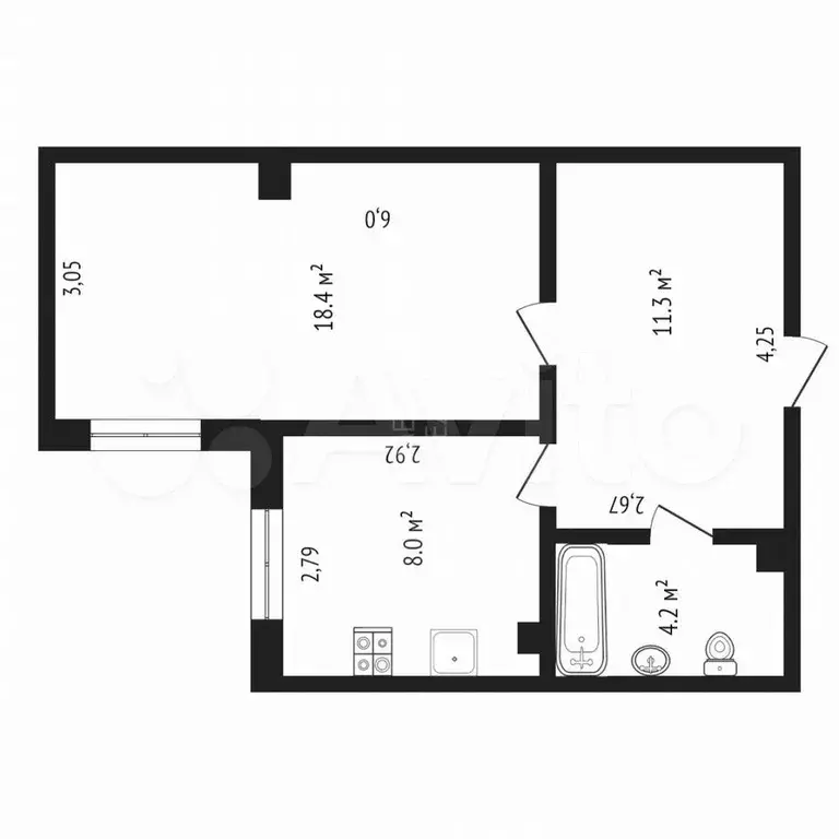 1-к. квартира, 42,5 м, 2/3 эт. - Фото 0