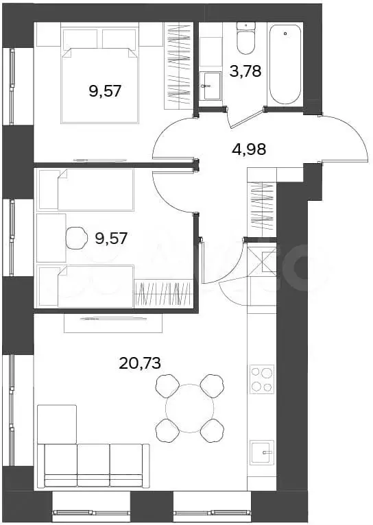 2-к. квартира, 48,6 м, 1/9 эт. - Фото 1