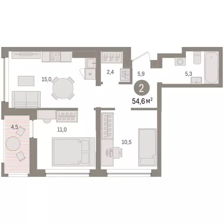 2-комнатная квартира: Тюмень, ЖК Дом у Озера (54.64 м) - Фото 1