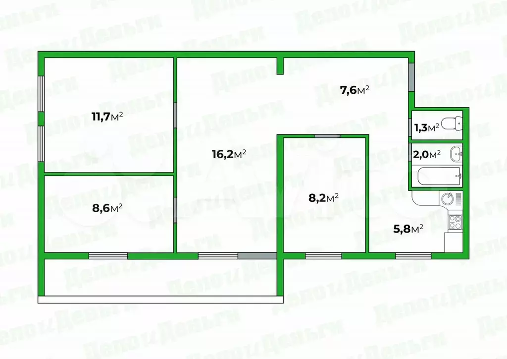 4-к. квартира, 62,8 м, 2/5 эт. - Фото 0