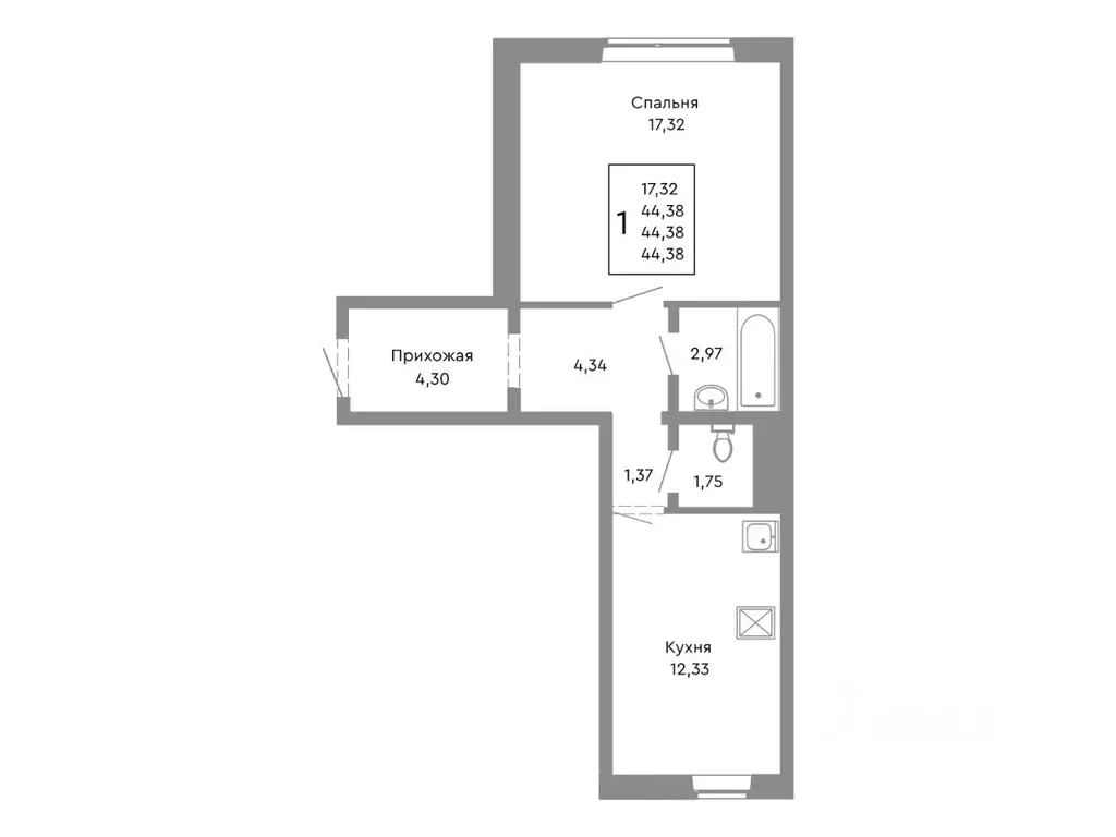 1-к кв. Челябинская область, Челябинск Нефтебазовая ул., 1-13 (44.38 ... - Фото 1