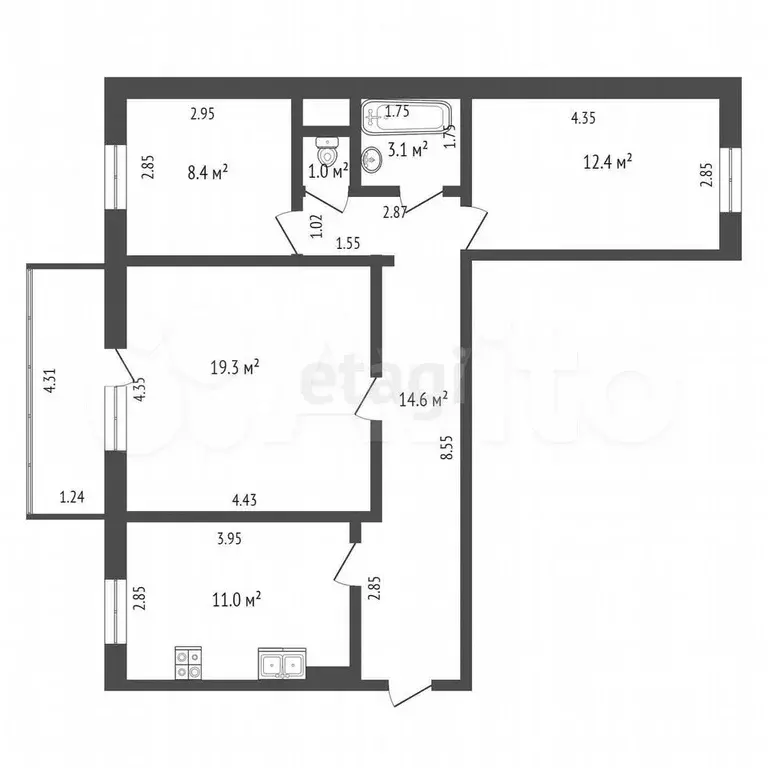 3-к. квартира, 69,8 м, 2/5 эт. - Фото 0