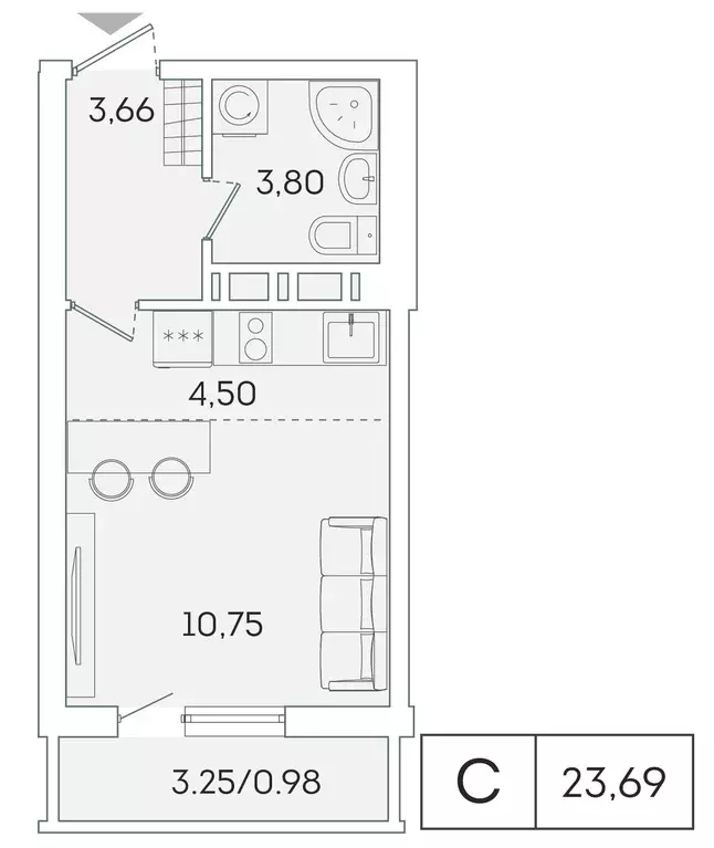 квартира-студия, 22.7 м - Фото 0