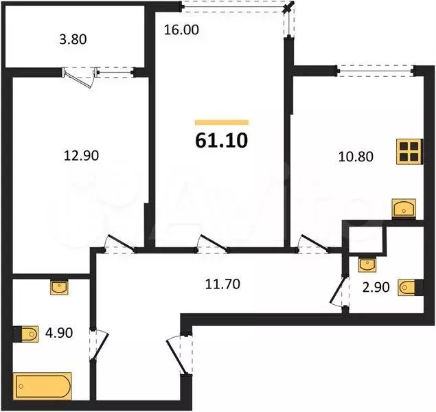 2-к. квартира, 61,1 м, 1/4 эт. - Фото 1