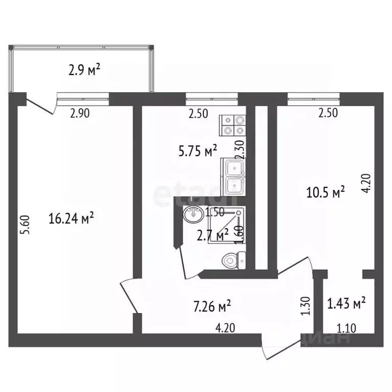 2-к кв. Севастополь ул. Дмитрия Ульянова, 2 (43.6 м) - Фото 2