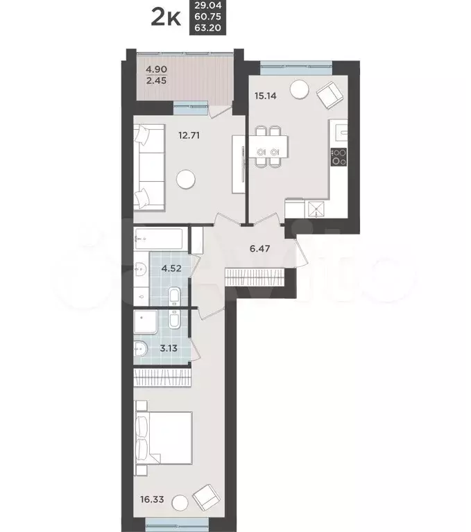 2-к. квартира, 60,8 м, 1/9 эт. - Фото 1